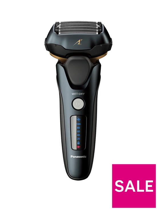 front image of panasonic-es-lv97-wet-amp-dry-electric-5-blade-shaver-with-automatic-cleaning-amp-charging-stand