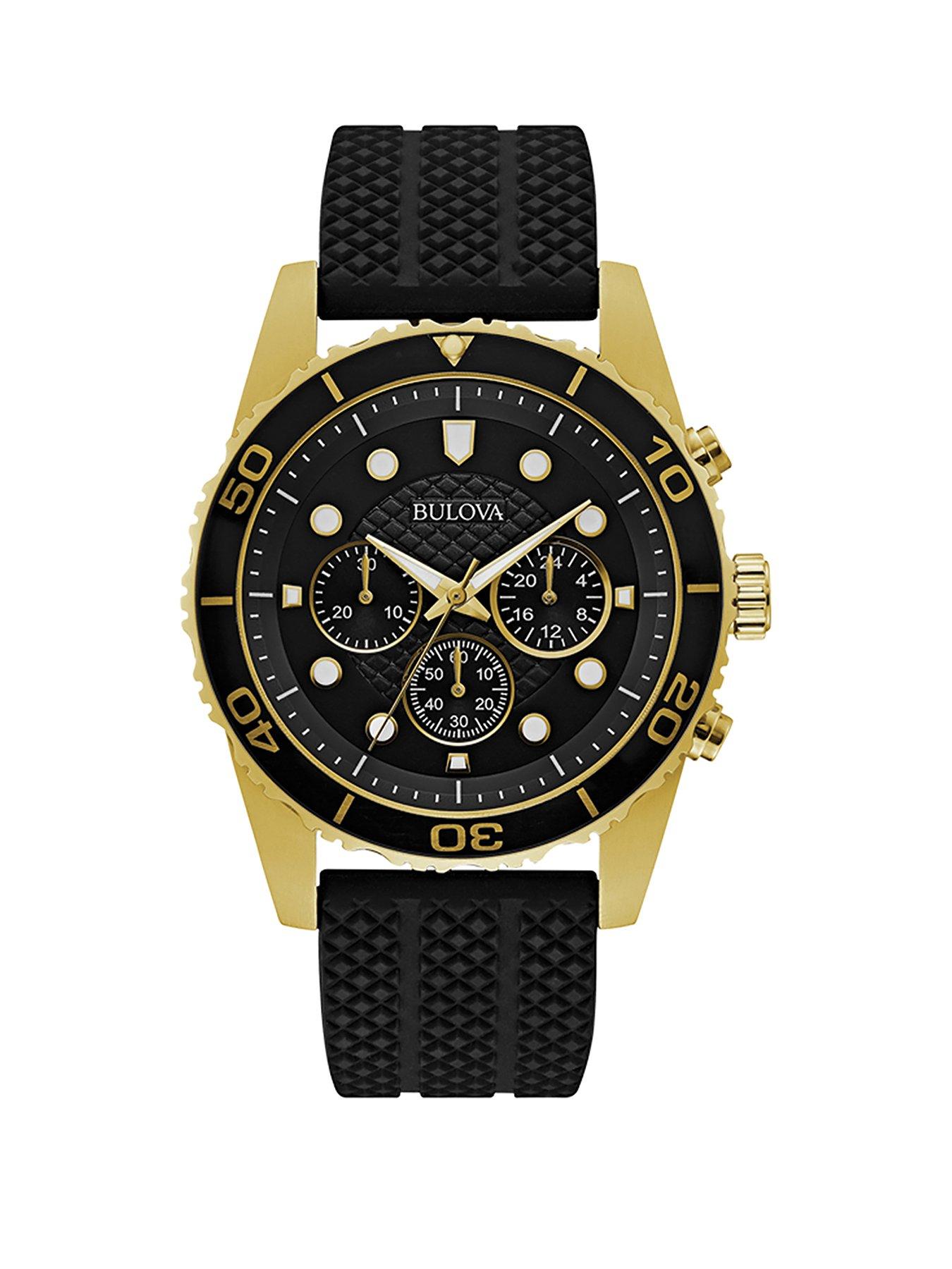  Black and Gold Chronograph Dial Black Silicone Strap Mens Watch