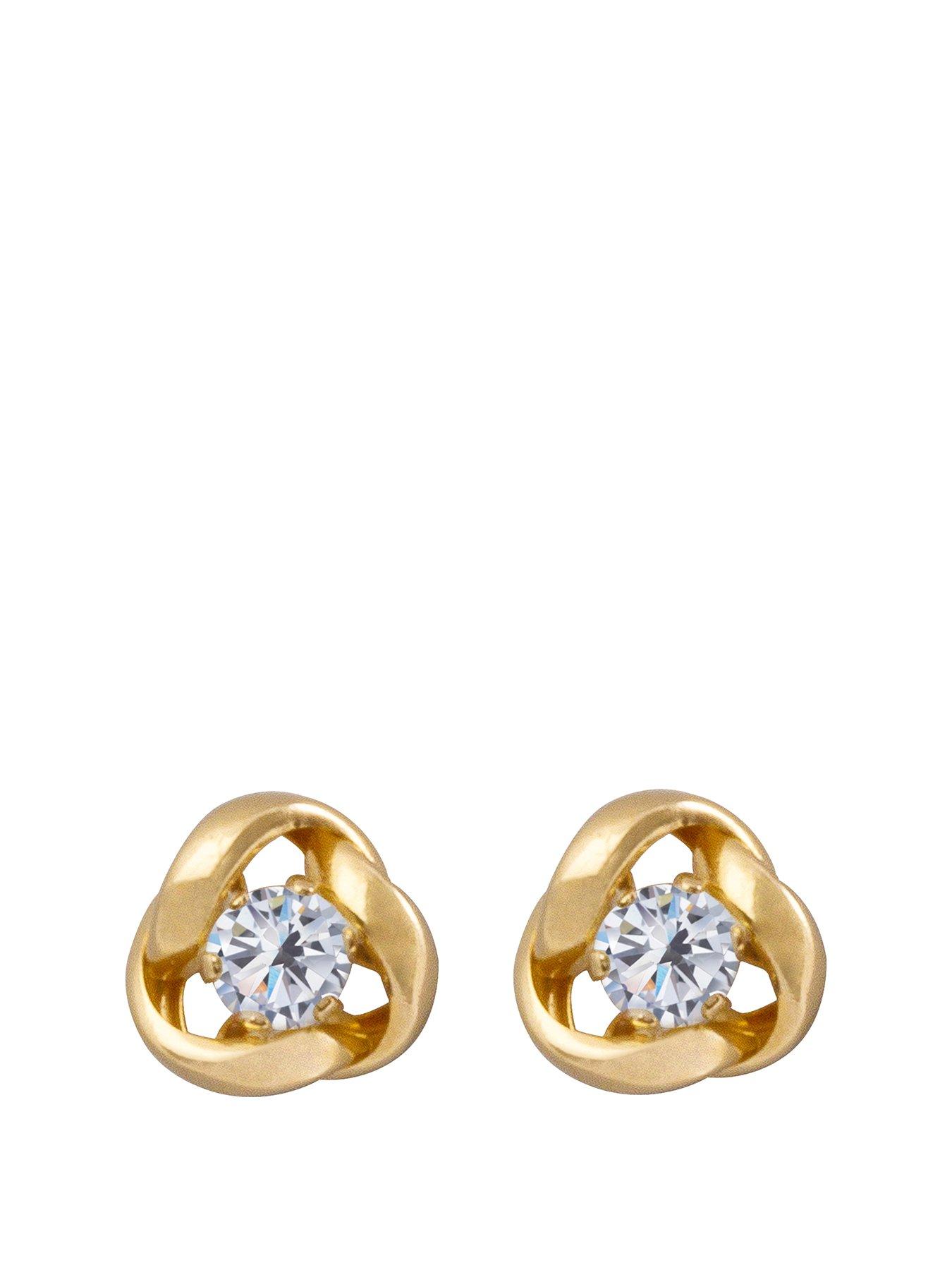 The Love Collection 9ct Gold 6.5mm three-way knot studs with 3mm Cubic Zirconia
