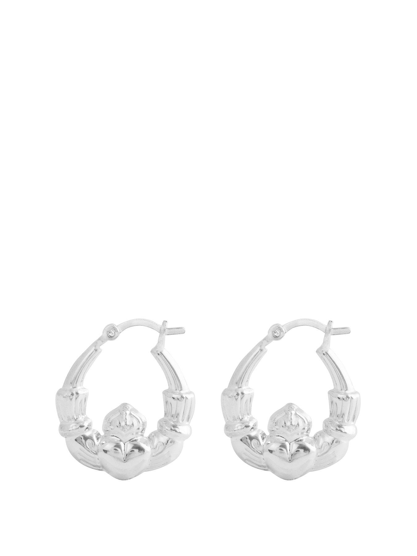 undefined Sterling Silver Thick Claddagh Heart Creole Hoop Earrings