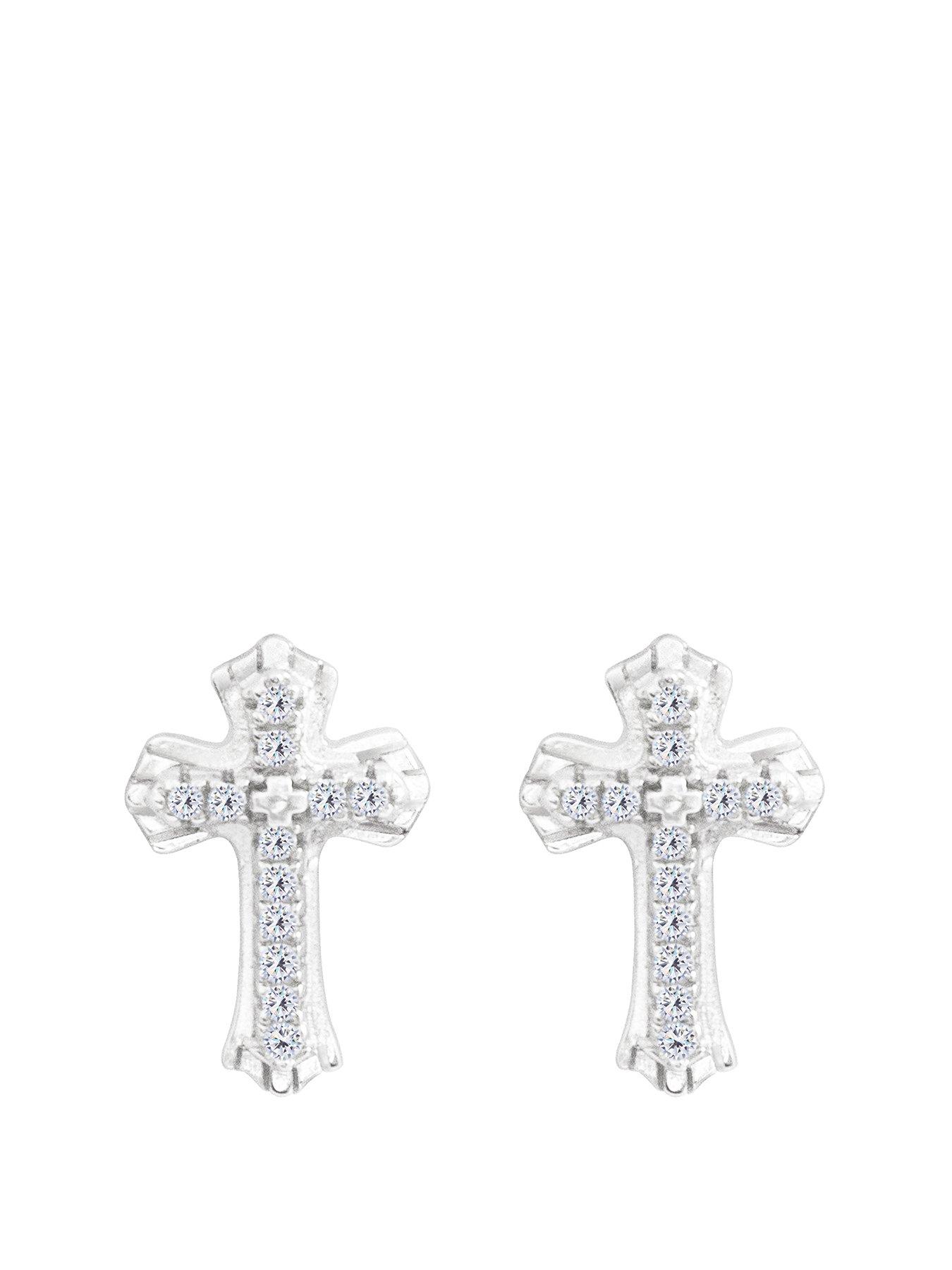 Product photograph of The Love Silver Collection Sterling Silver Pave Cubic Zirconia Club Cross Earrings from very.co.uk