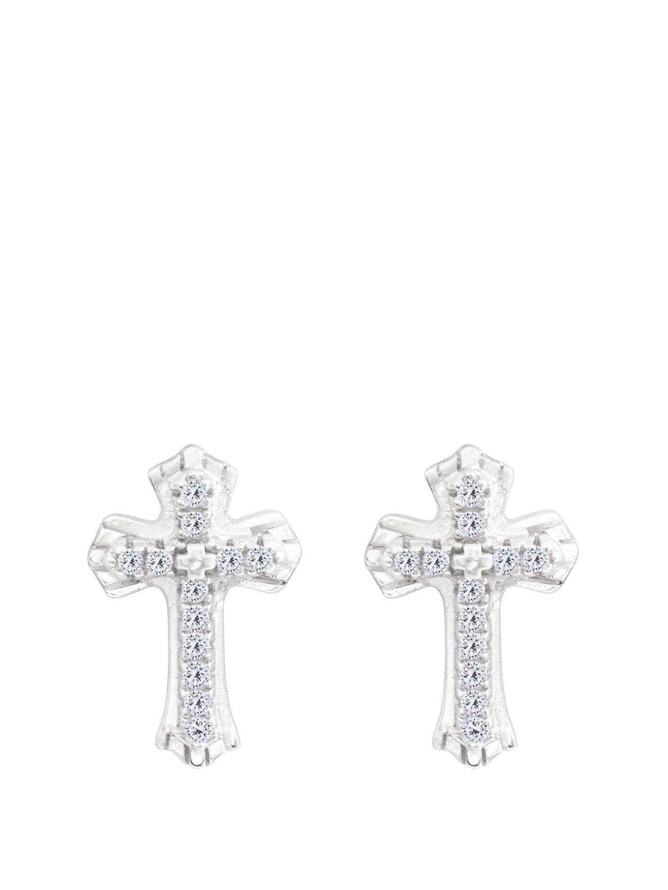 undefined Sterling Silver Pave Cubic Zirconia Club Cross Earrings