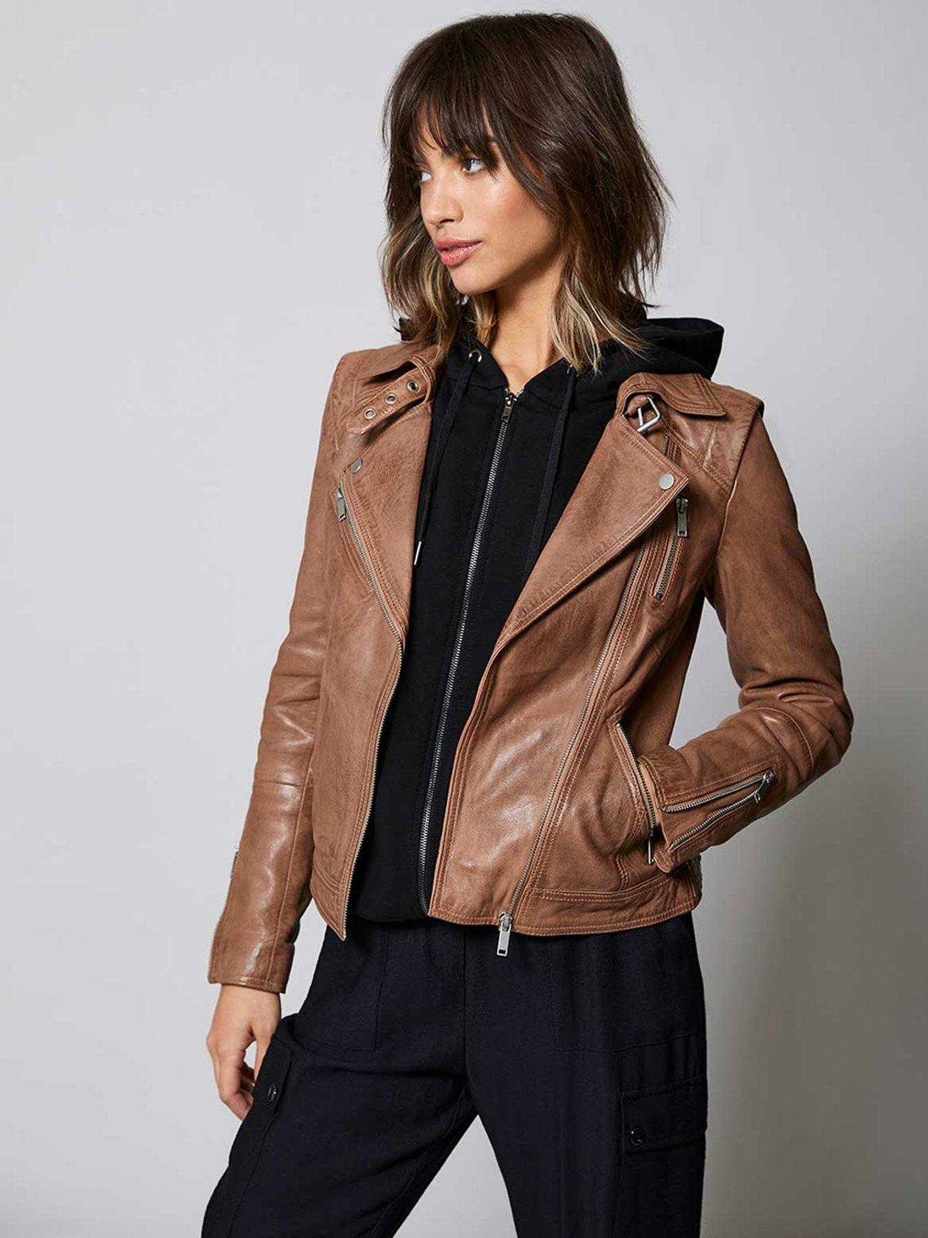 Mint Velvet Zip Leather Biker Jacket - Tan | very.co.uk