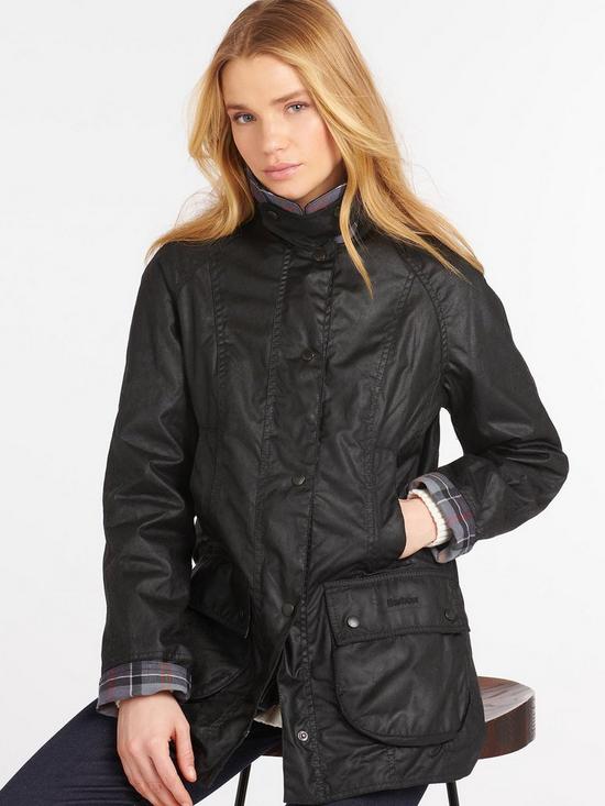 front image of barbour-beadnell-wax-jacket-black