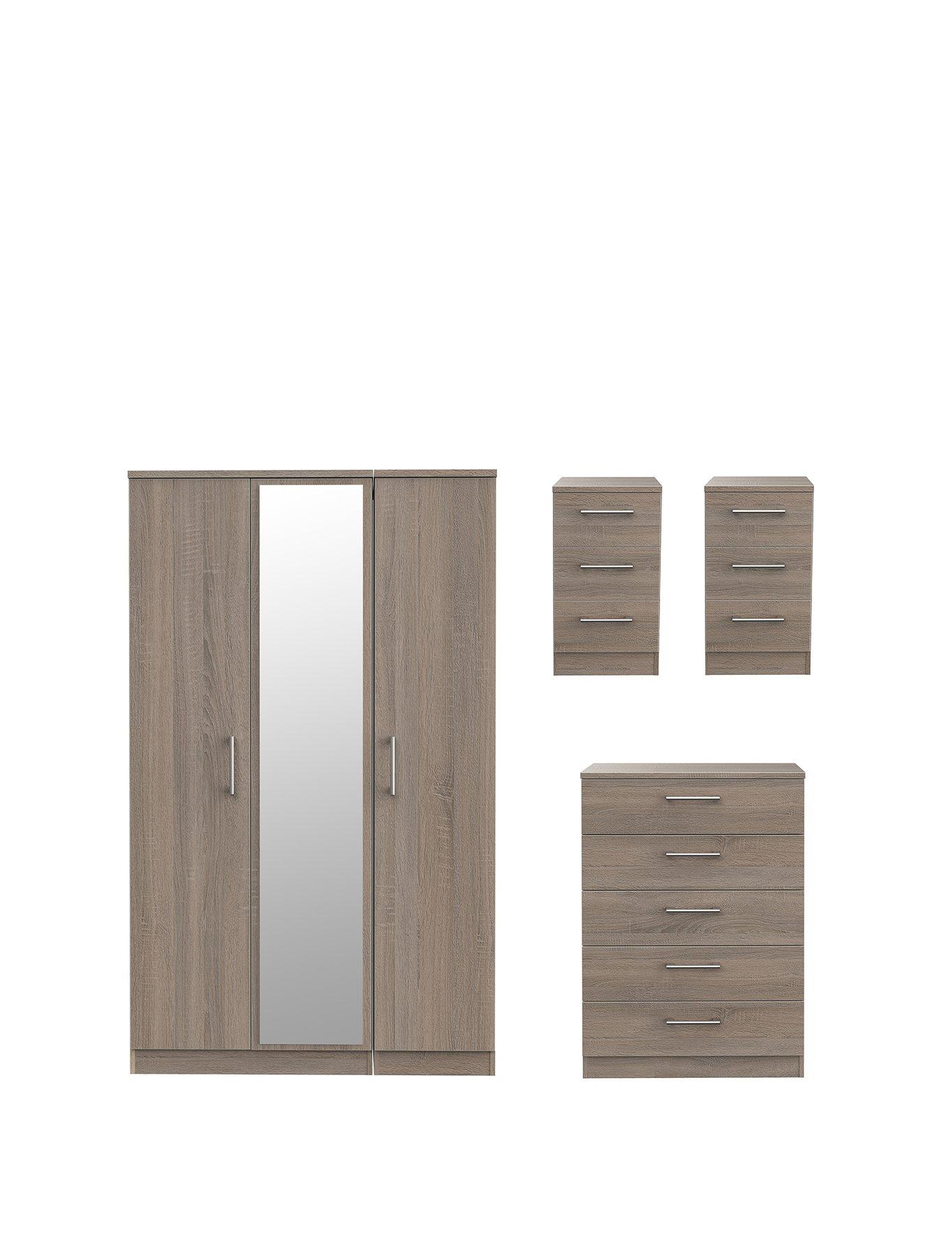 SWIFT Halton Part Assembled 4 Piece Package - 3 Door Mirrored Wardrobe, 5 Drawer Chest and 2 Bedside Chests - FSC® Certified