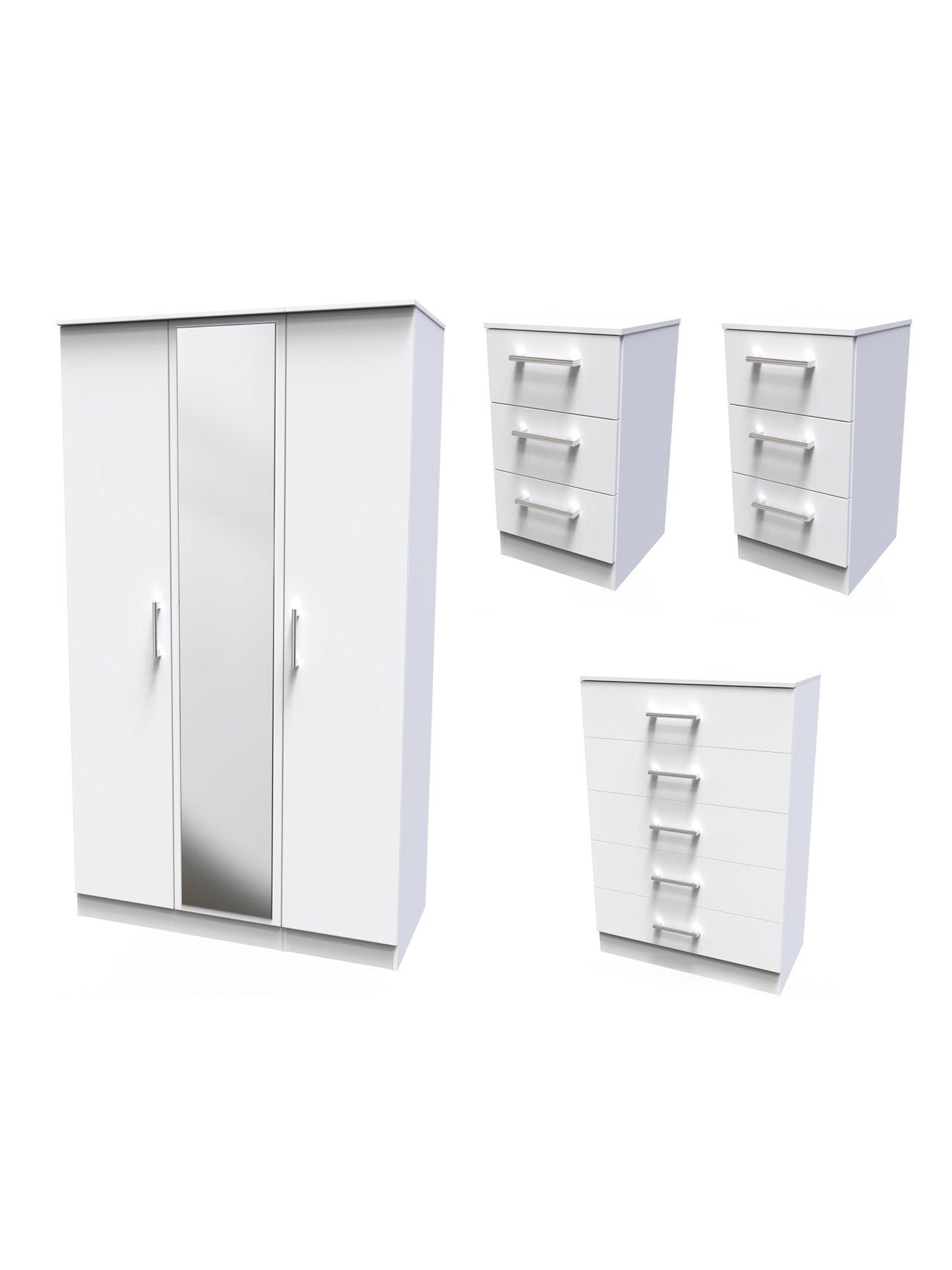 undefined Halton Part Assembled 4 Piece Package - 3 Door Mirrored Wardrobe, 5 Drawer Chest and 2 Bedside Chests - FSC® Certified