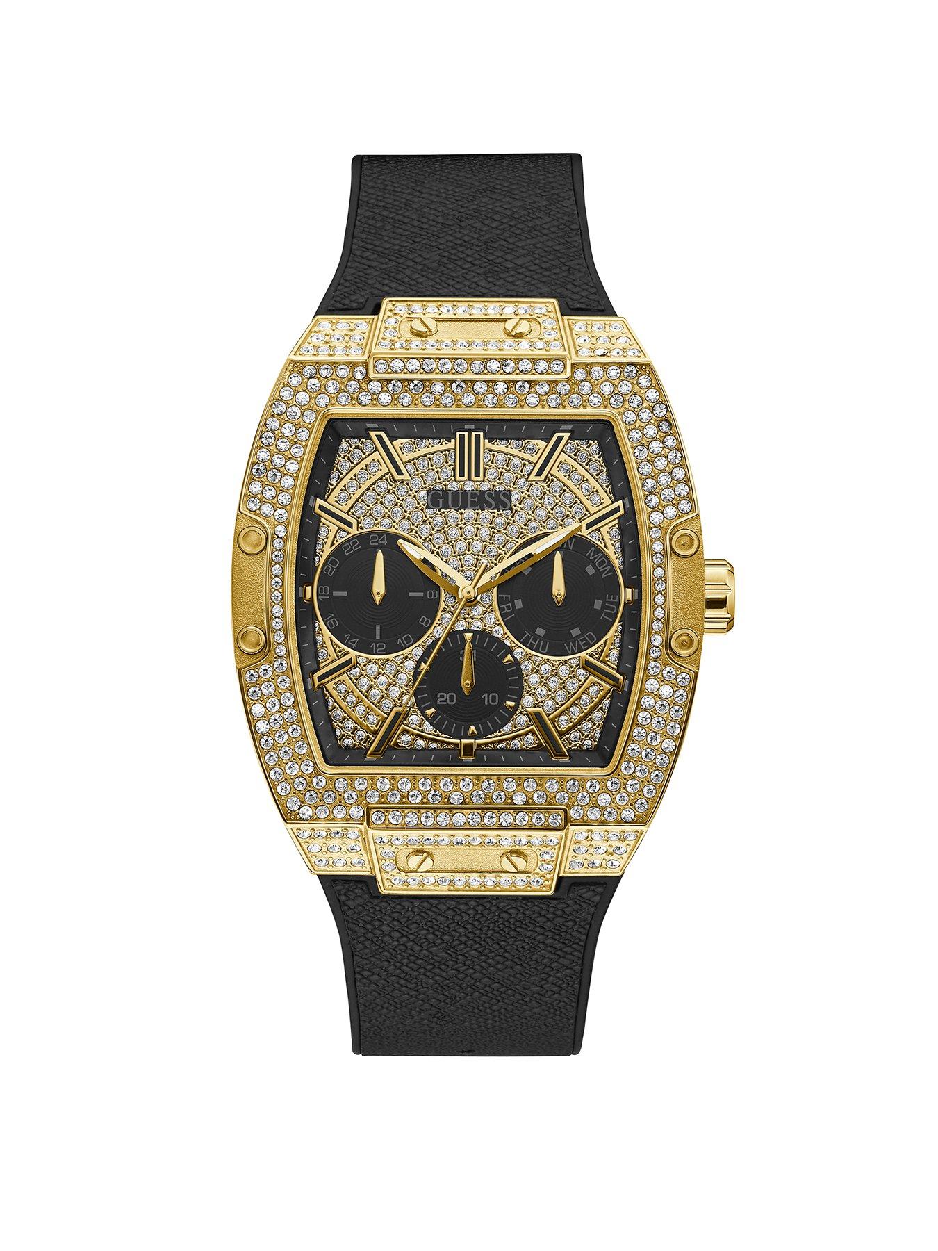 Guess Guess Phoenix Gold And Black Glitz Dial Mens Silicone Strap