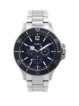 timex harborside multifunction 43mm stainless steel blue dial bracelet watch