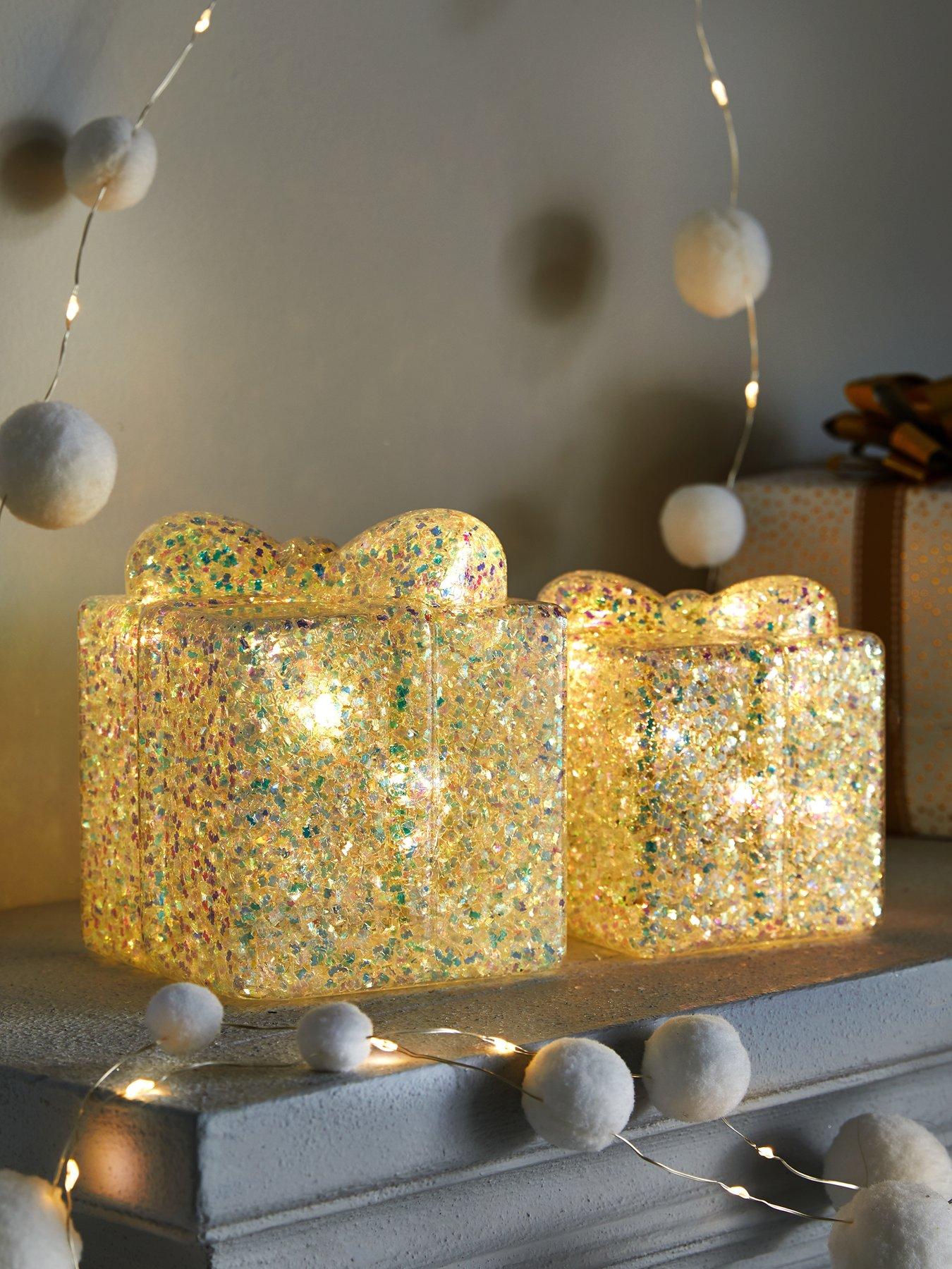 Product photograph of Festive Set Of 2 Battery Operated Glitter Box Christmas Decorations from very.co.uk