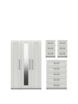 Product photograph of One Call Regal Package - Part Assembled 3 Door Mirrored Wardrobe 5 Drawer Chest And 2 Bedside Chests from very.co.uk