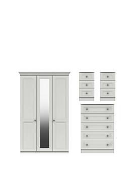 Product photograph of One Call Harris 4 Piece Part Assembled Package 3 Door Mirrored Wardrobe 5 Drawer Chest And 2 Bedside Chests from very.co.uk