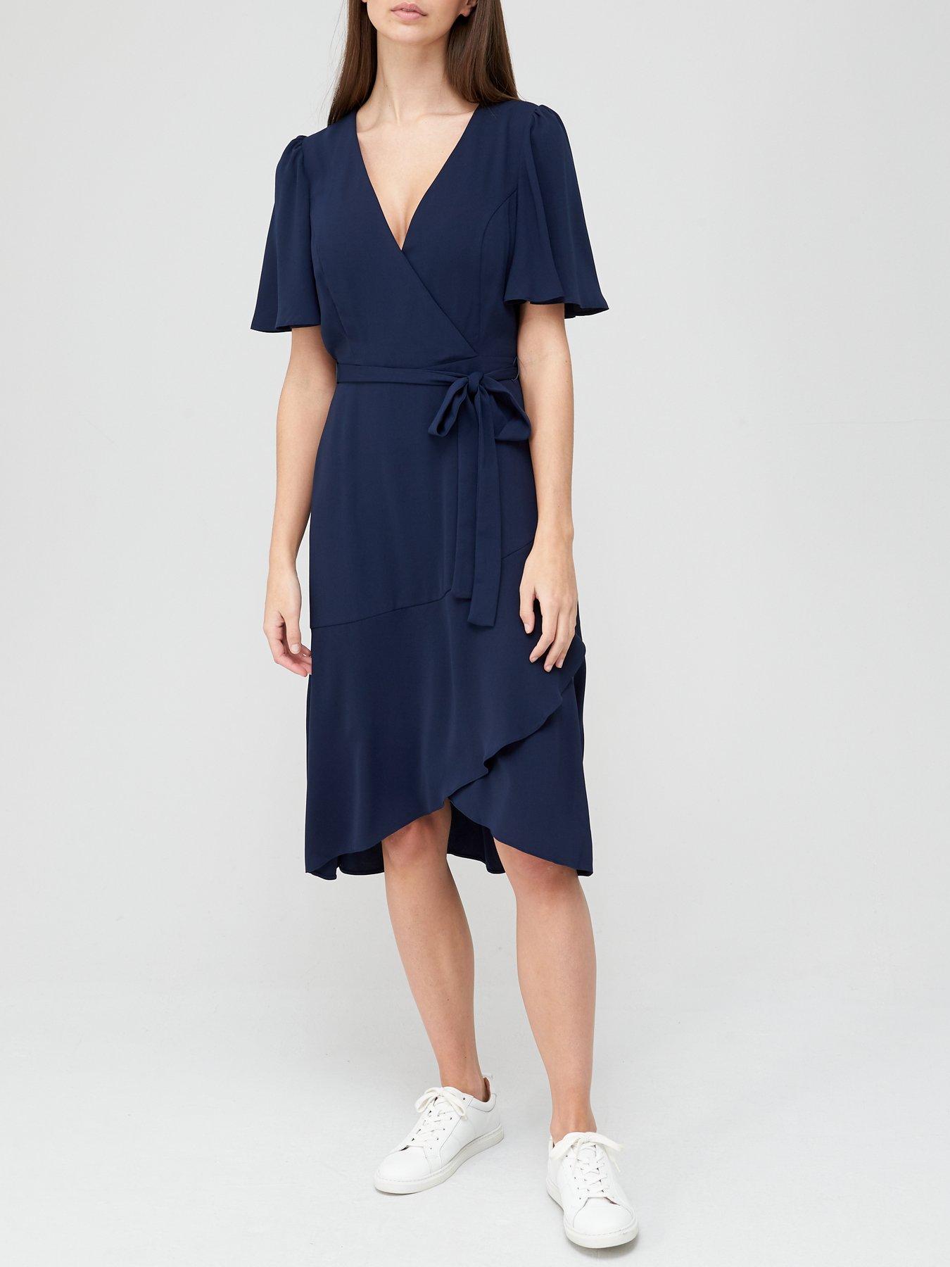 navy blue wrap midi dress