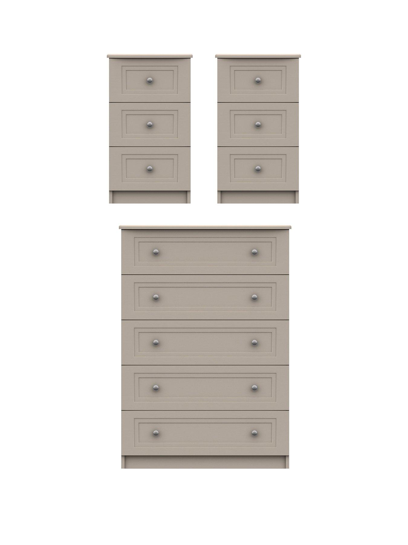 Product photograph of One Call Reid 3 Piece Ready Assembled Package - 5 Drawer Chest And 2 Bedside Cabinets from very.co.uk