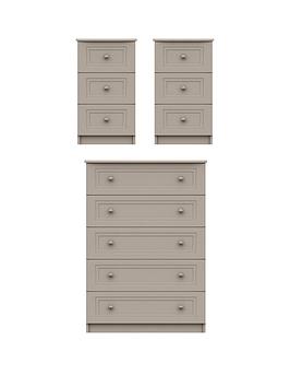 Product photograph of One Call Reid 3 Piece Ready Assembled Package - 5 Drawer Chest And 2 Bedside Cabinets from very.co.uk