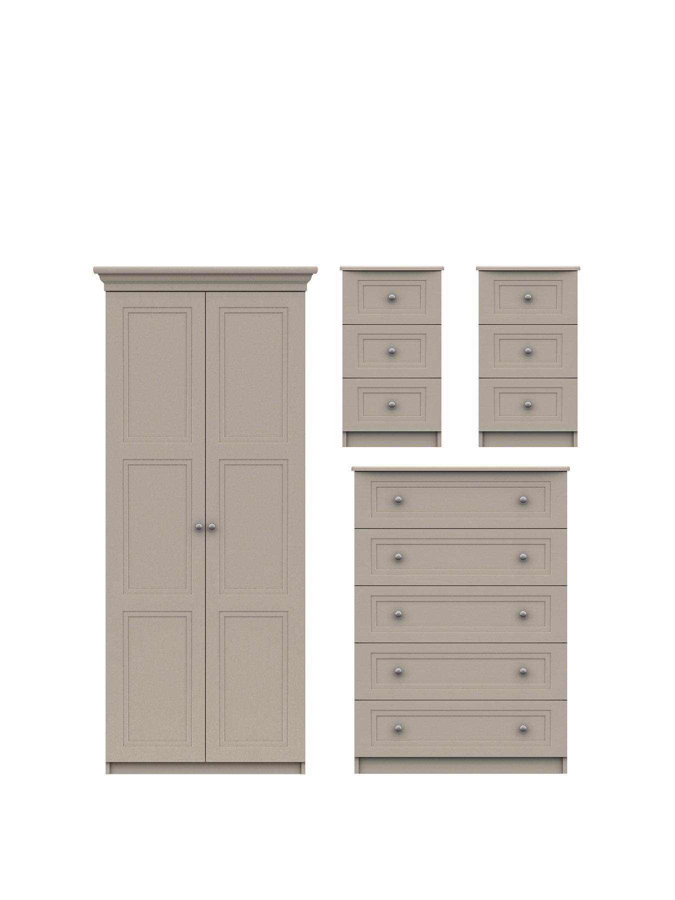 Product photograph of One Call Reid 4 Piece Ready Assembled Package - 2 Door Wardrobe 5 Drawer Chest And 2 Bedside Cabinets from very.co.uk