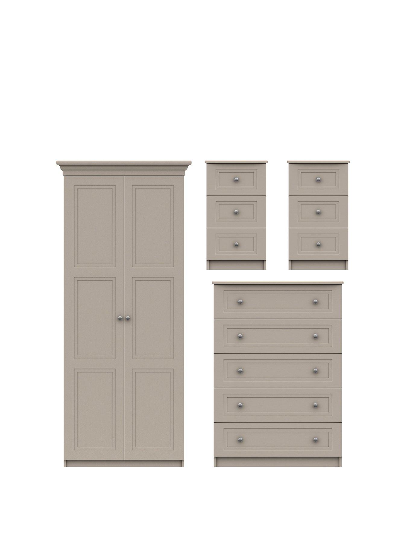 One Call Reid 4 Piece Ready Assembled Package - 2 Door Wardrobe, 5 Drawer Chest and 2 Bedside Cabinets