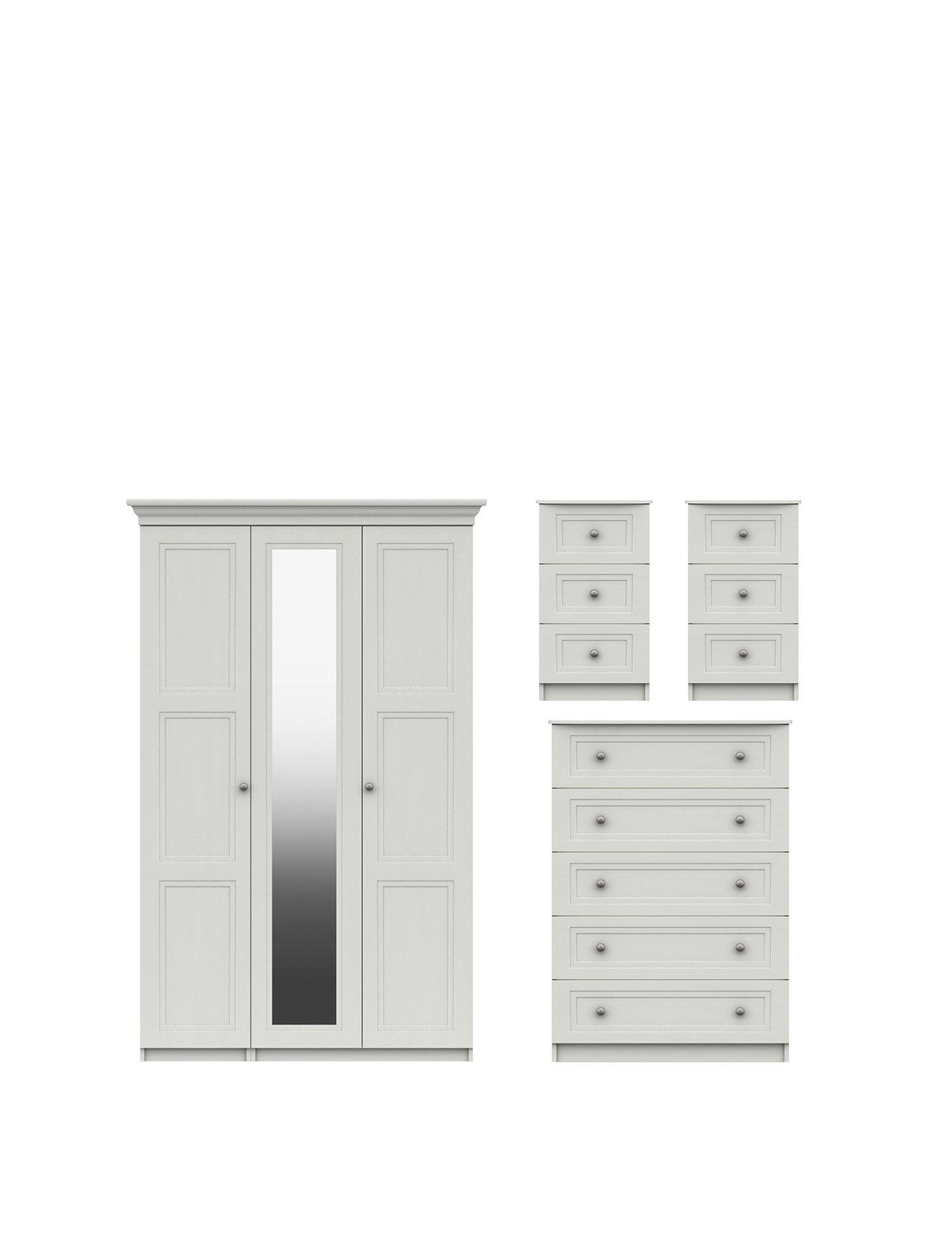 One Call Reid 4 Piece Part Assembled Package - 3 Door Mirrored Wardrobe, 5 Drawer Chest and 2 Bedside Cabinets