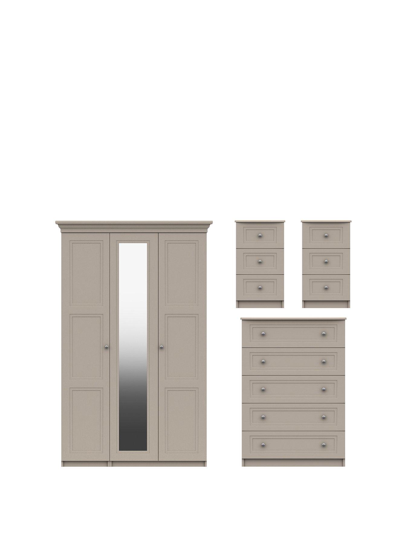 Product photograph of One Call Reid 4 Piece Part Assembled Package - 3 Door Mirrored Wardrobe 5 Drawer Chest And 2 Bedside Cabinets from very.co.uk
