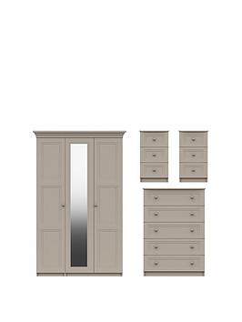 Product photograph of One Call Reid 4 Piece Part Assembled Package - 3 Door Mirrored Wardrobe 5 Drawer Chest And 2 Bedside Cabinets from very.co.uk