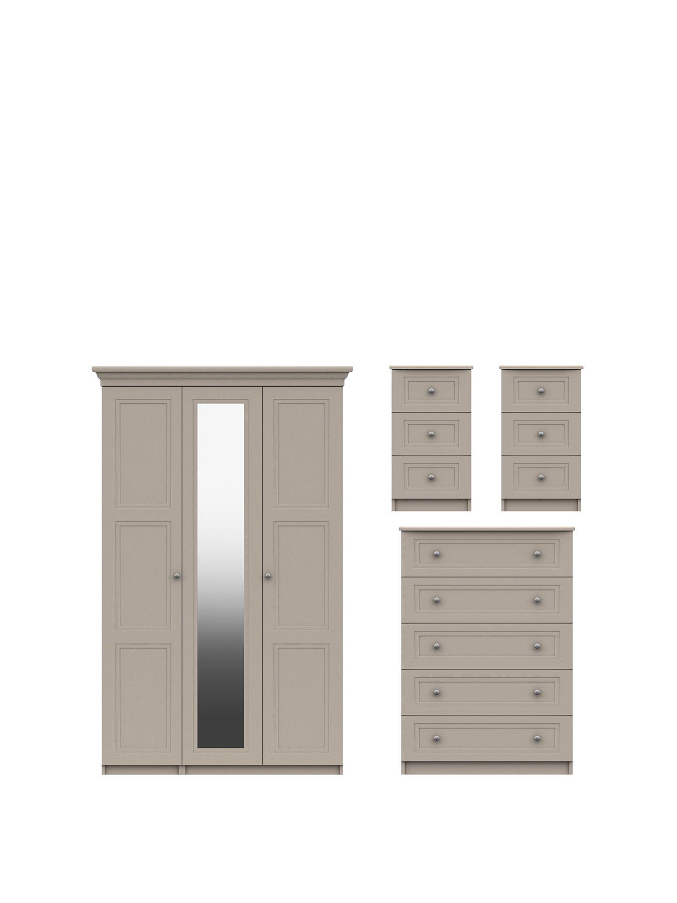 One Call Reid 4 Piece Part Assembled Package - 3 Door Mirrored Wardrobe, 5 Drawer Chest and 2 Bedside Cabinets