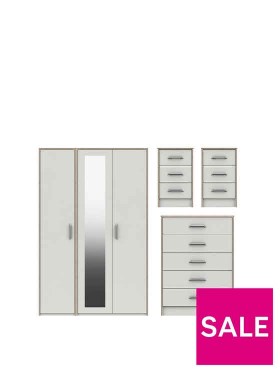 front image of brianne-part-assemblednbsp4-piece-package-3nbspdoor-mirrored-wardrobe-5-drawer-chest-and-2-bedside-chests