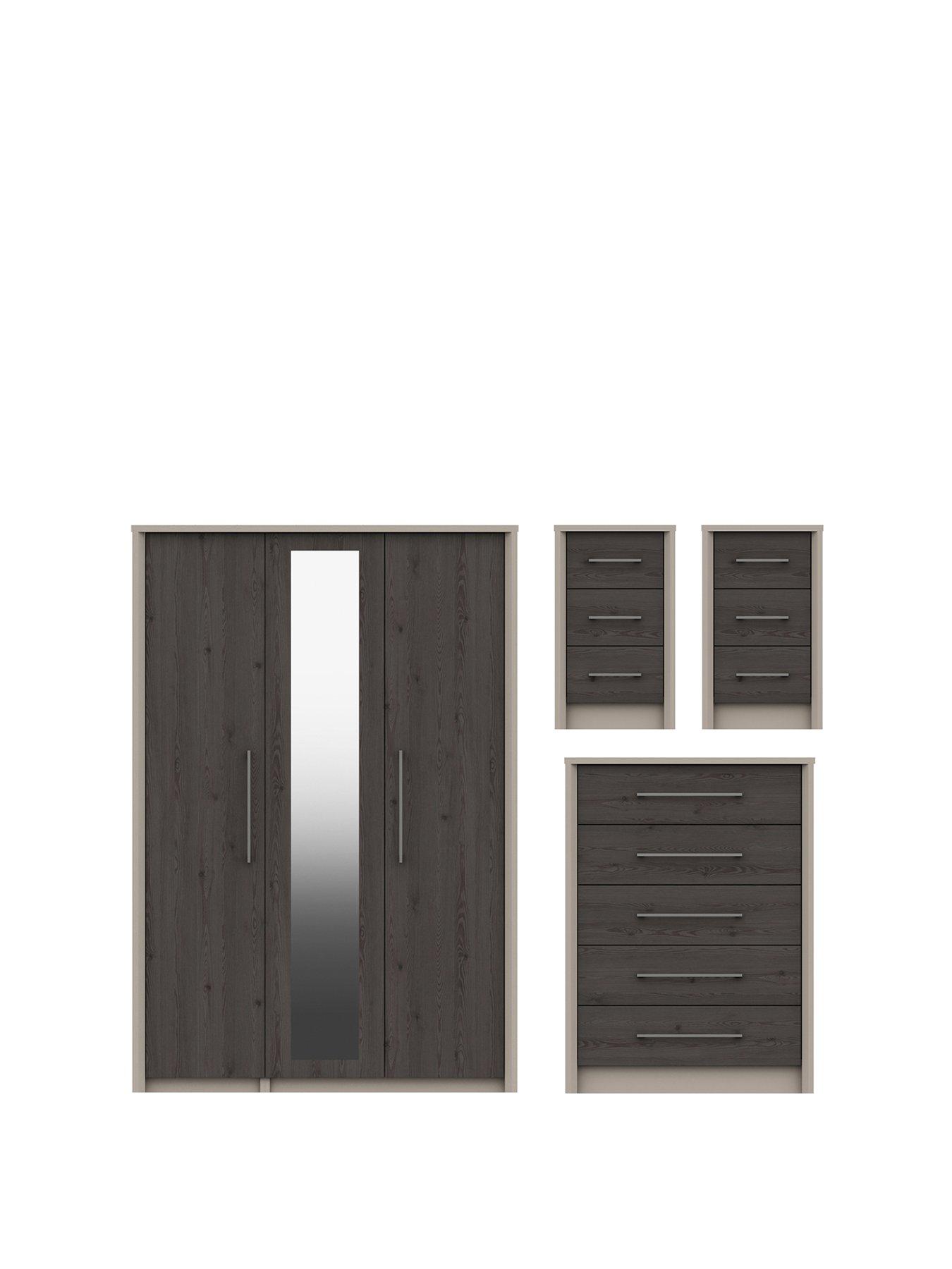 One Call Smyth Part Assembled 4 Piece Package - 3 Door Mirrored Wardrobe, 5 Drawer Chest and 2 Bedside Chests