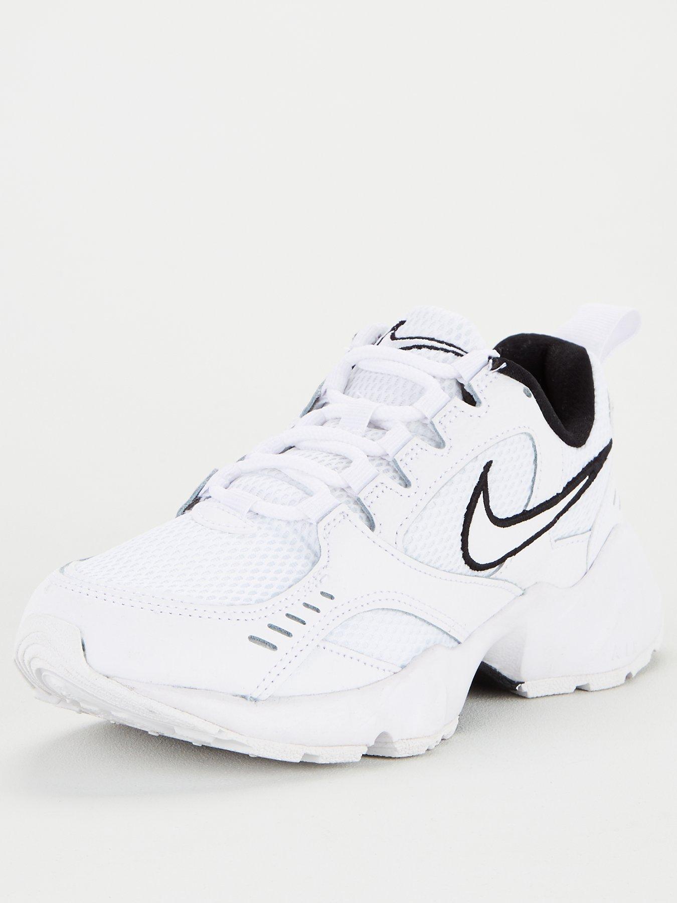 nike white and black air heights trainers