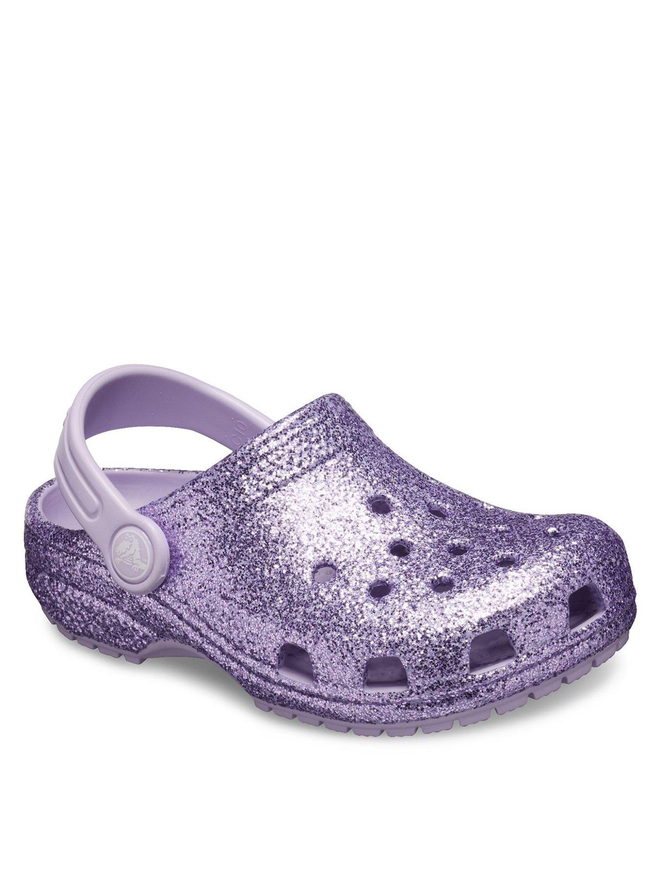 purple glitter crocs