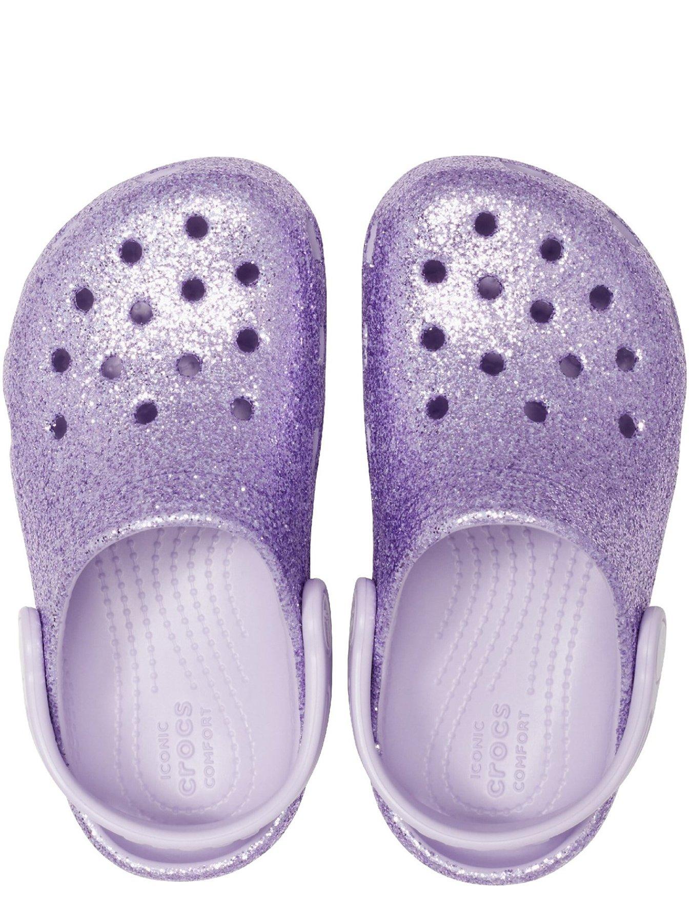 purple glitter crocs