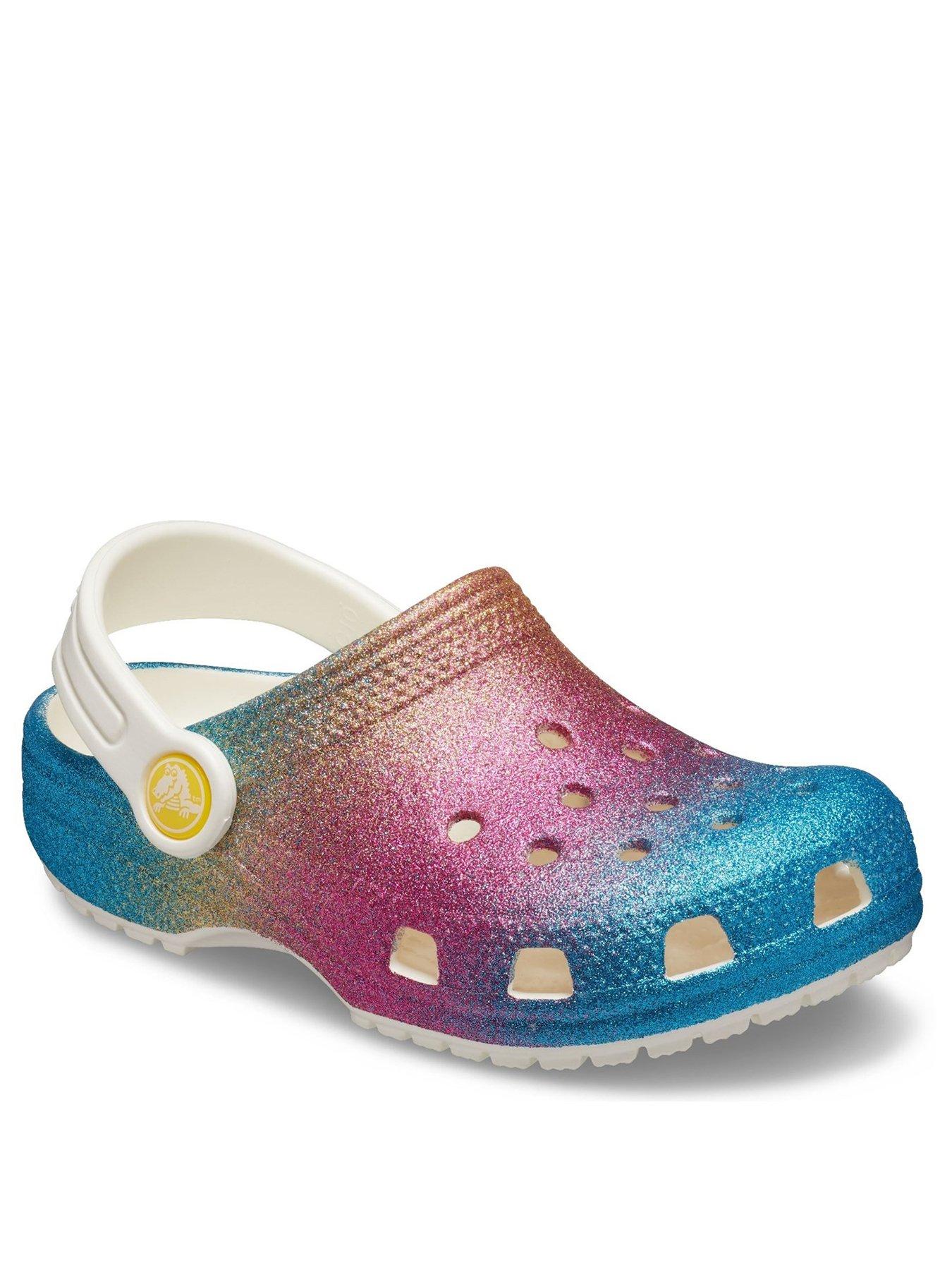 purple glitter crocs