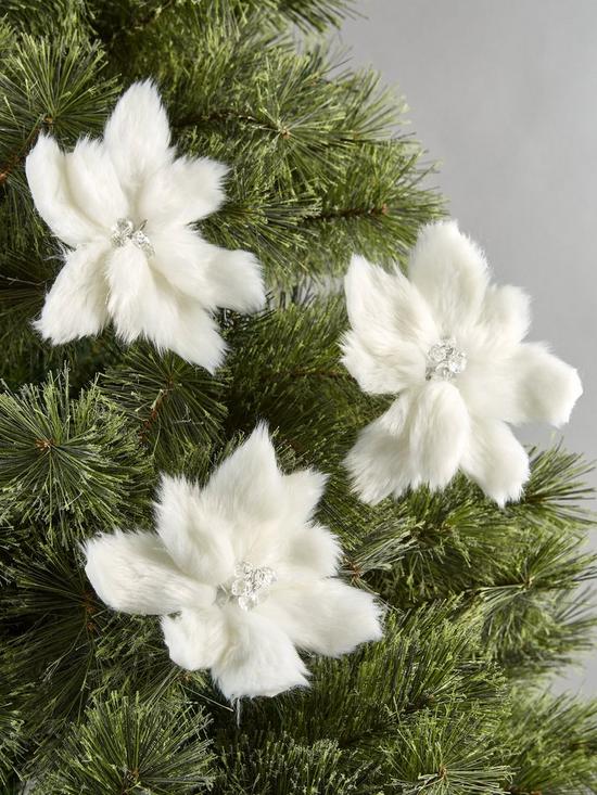 front image of very-home-set-of-3-faux-fur-poinsettia-christmasnbsptree-clips-white