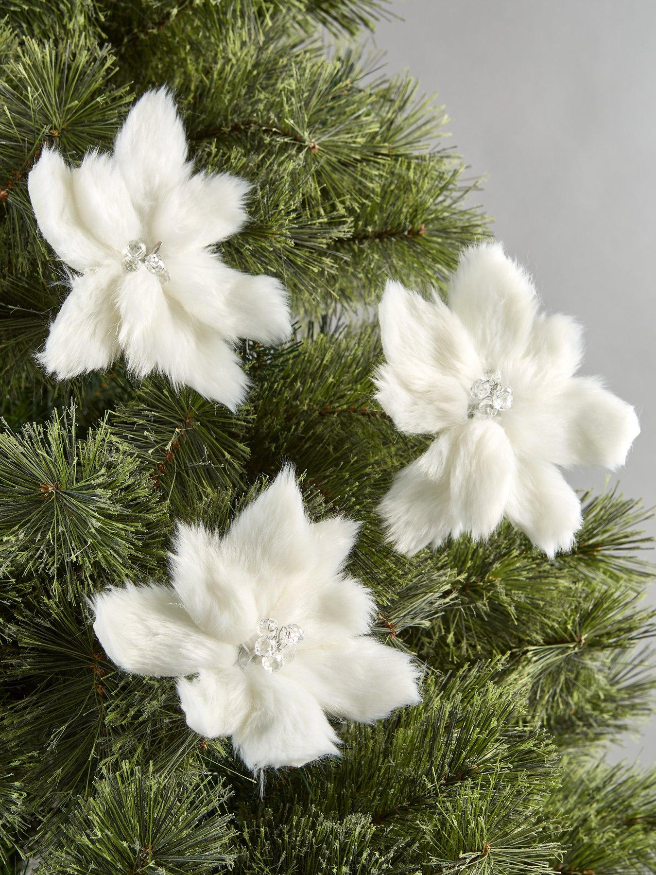 undefined Set of 3 Faux Fur Poinsettia Christmas Tree Clips - White