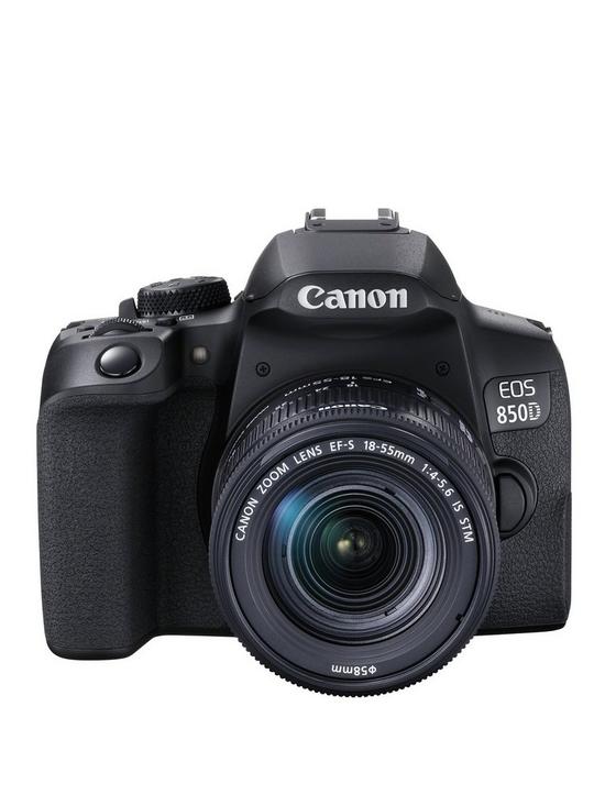 front image of canon-eos-850d-slr-camera-black-with-ef-s-18-55mm-f4-56-is-stm-lens-kit