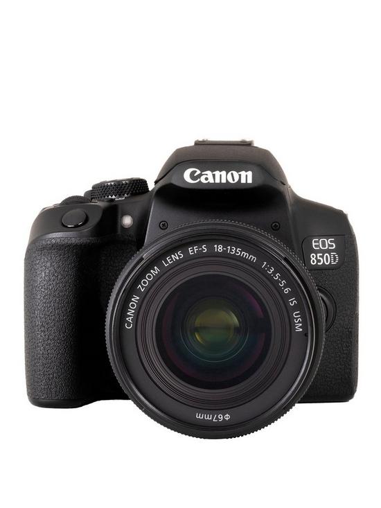 front image of canon-eos-850d-slr-camera-black-with-ef-s-18-135mm-f35-56-is-usm-lens-kit