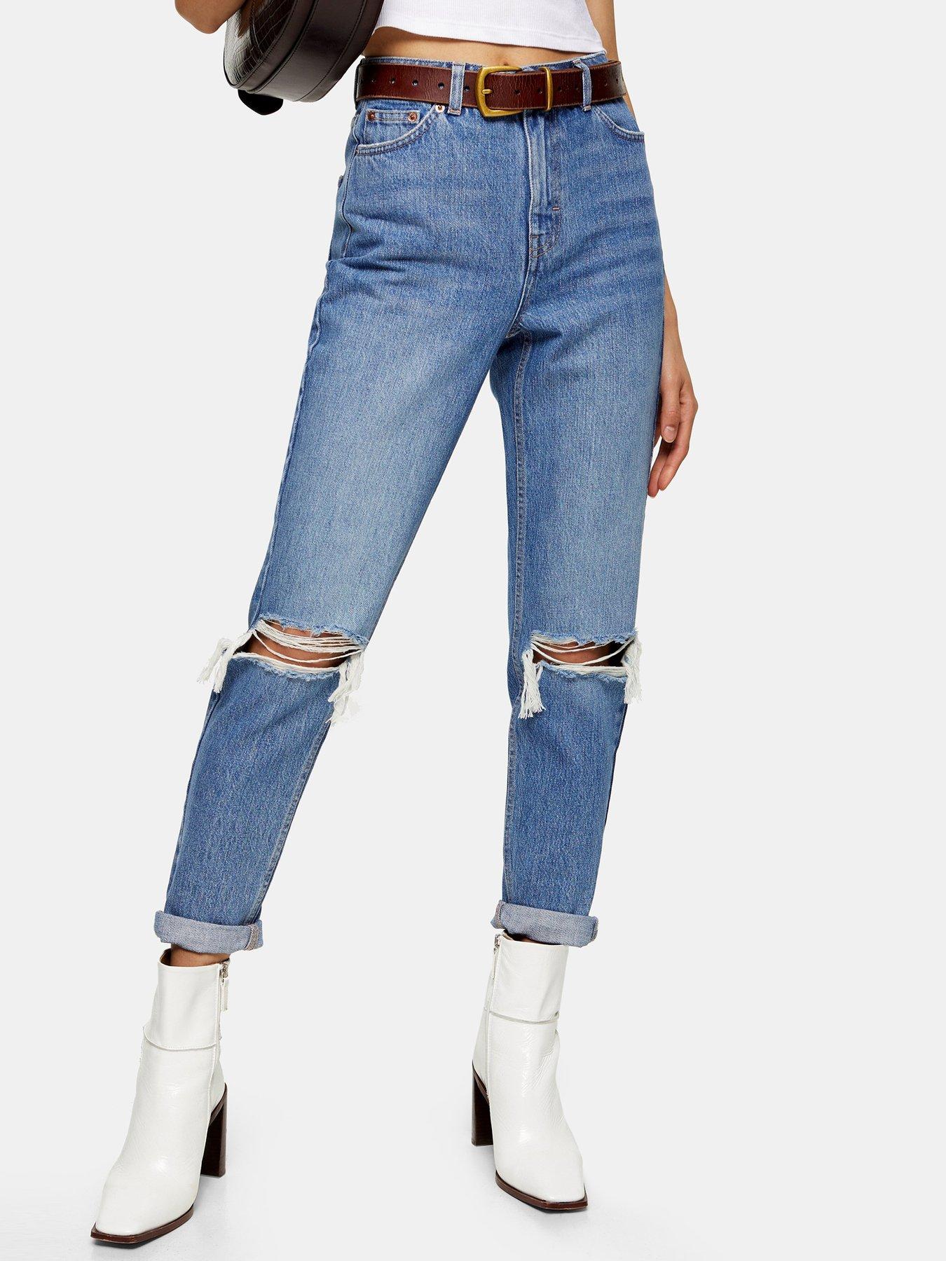 mid blue double knee ripped mom jeans