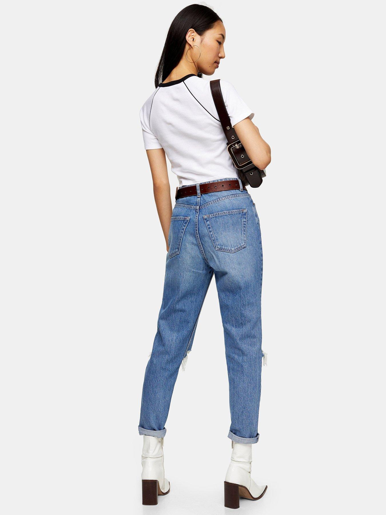 mid blue double knee ripped mom jeans