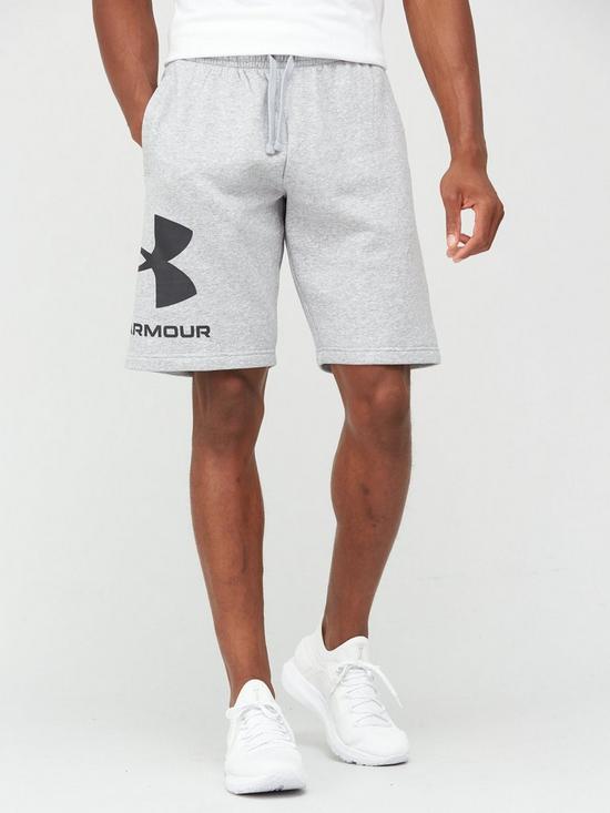 front image of under-armour-rival-big-logo-shorts-greywhite