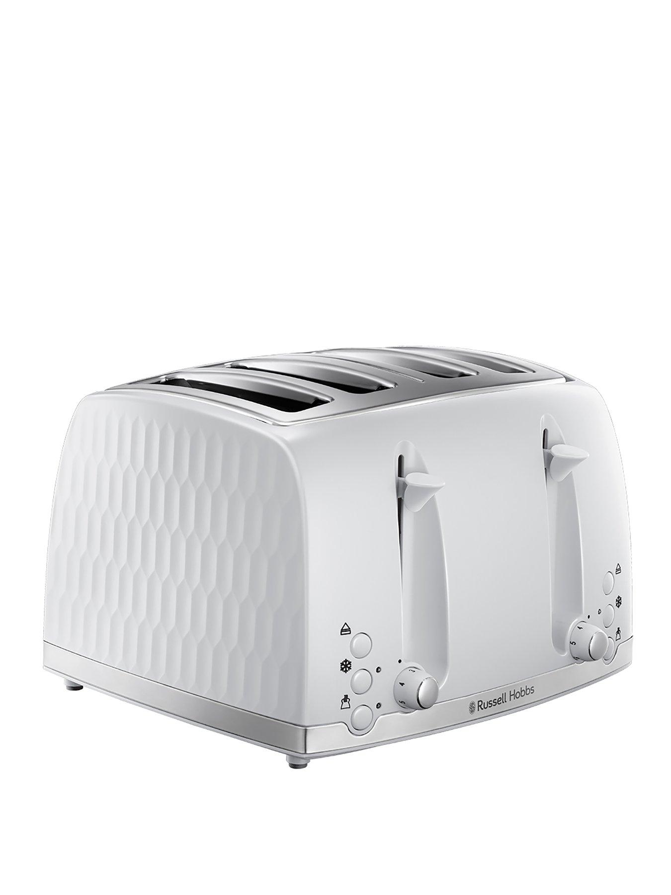 Product photograph of Russell Hobbs Honeycomb 4 Slice White Plastic Toaster - 26070 from very.co.uk