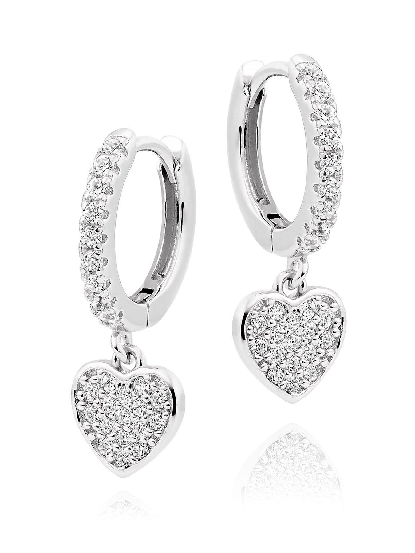 undefined Silver Cubic Zirconia Heart Charm Hoop Earrings