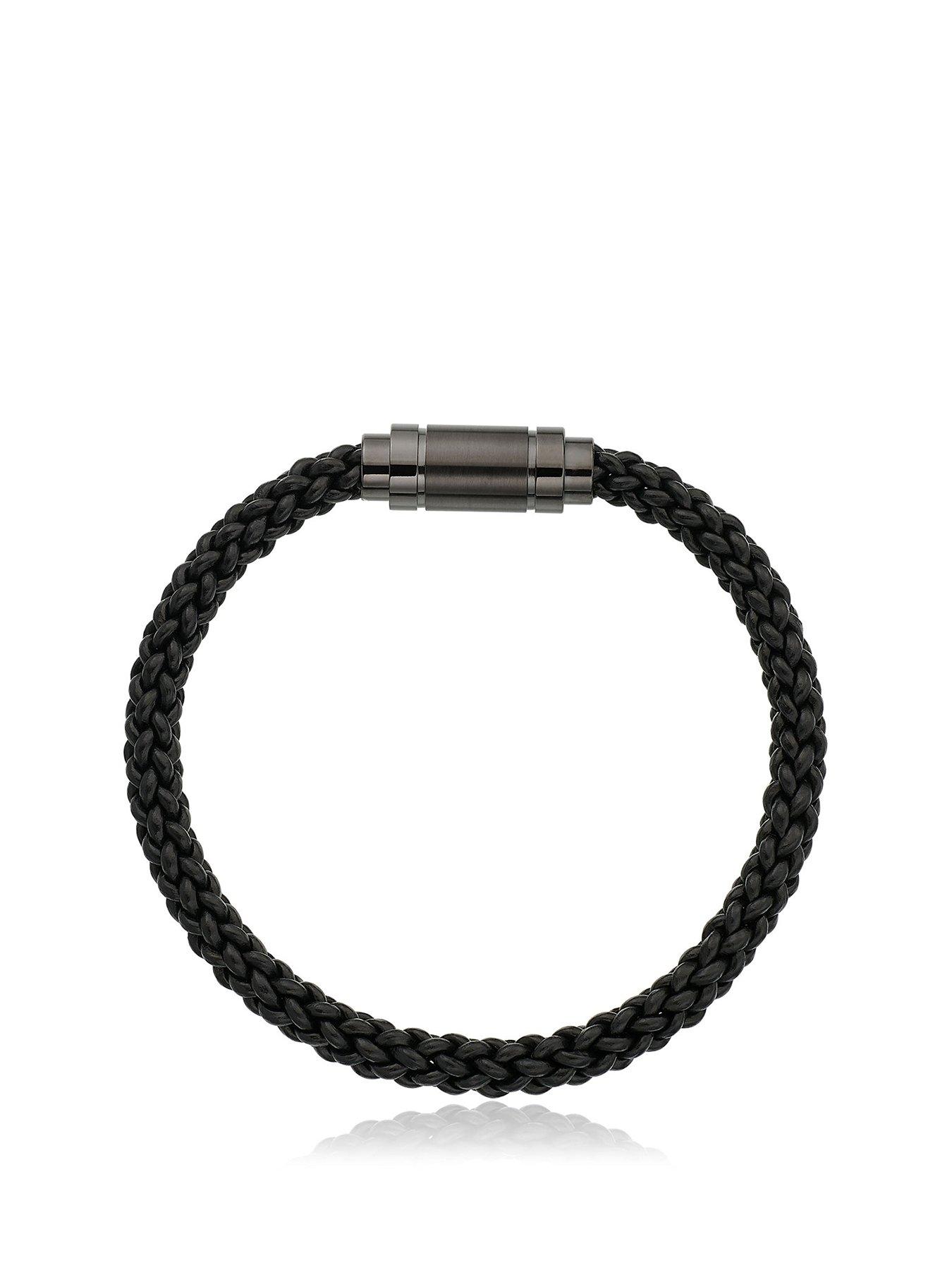 Men Stainless Steel Leather Plait Men's Bracelet - Black