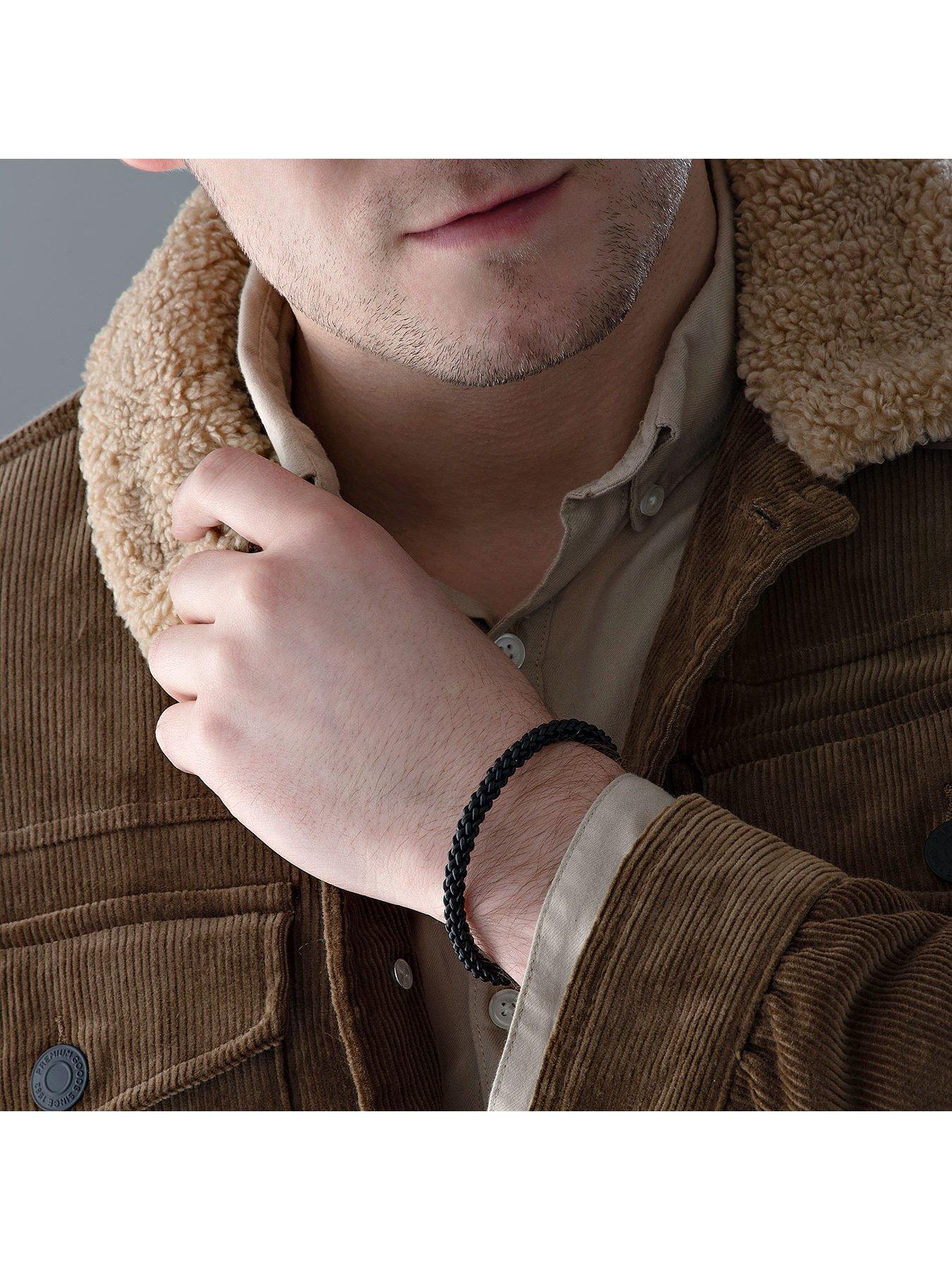 Beaverbrooks Stainless Steel Leather Plait Men's Bracelet Black
