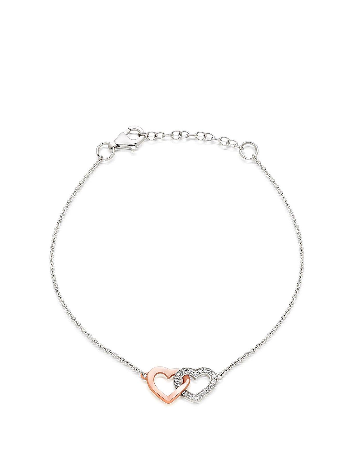  Silver and Rose Gold Plated Cubic Zirconia Double Heart Bracelet