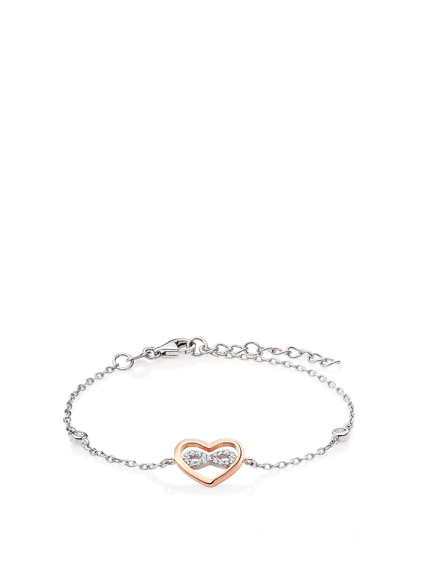Women Silver Rose Gold Plated Cubic Zirconia Infinity Heart Bracelet