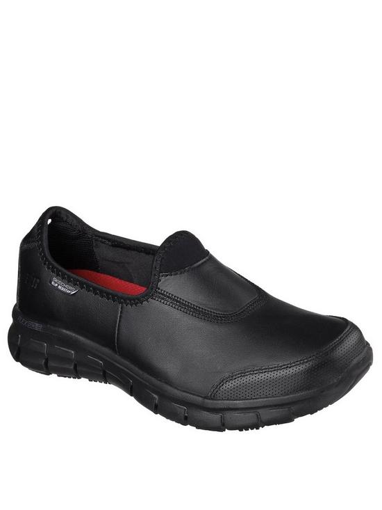front image of skechers-sure-track-workwear-slip-resistant-trainers-black