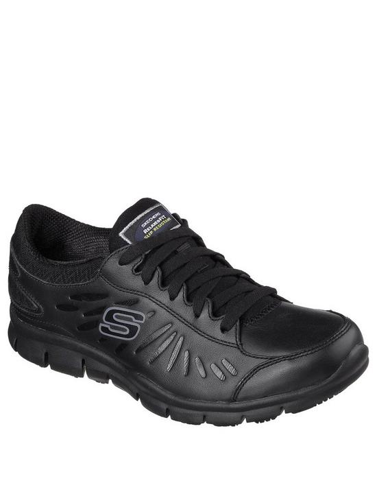 front image of skechers-eldred-workwear-slip-resistant-trainers-black