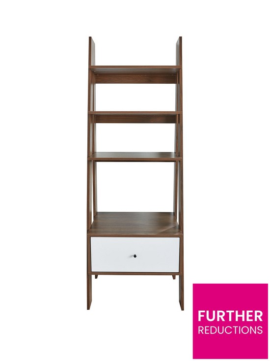 front image of monty-ladder-shelf-with-drawer-walnut-effect