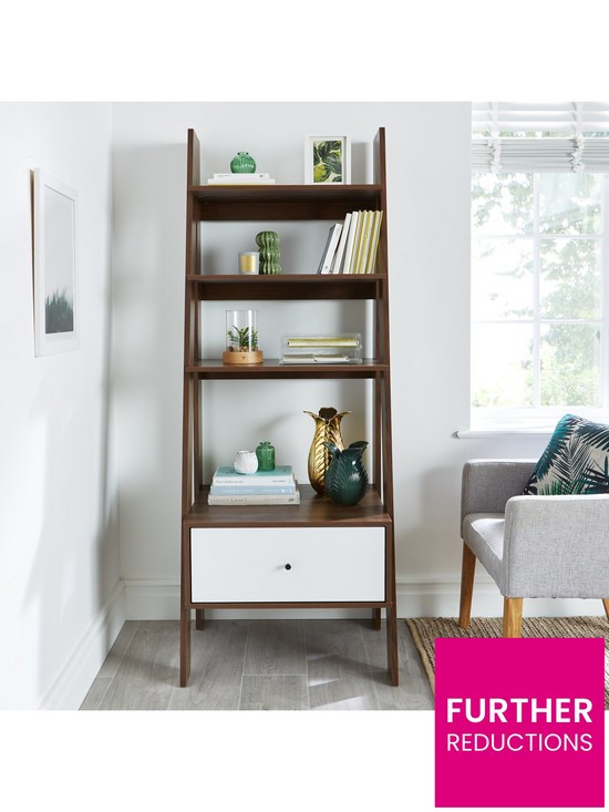 stillFront image of monty-ladder-shelf-with-drawer-walnut-effect