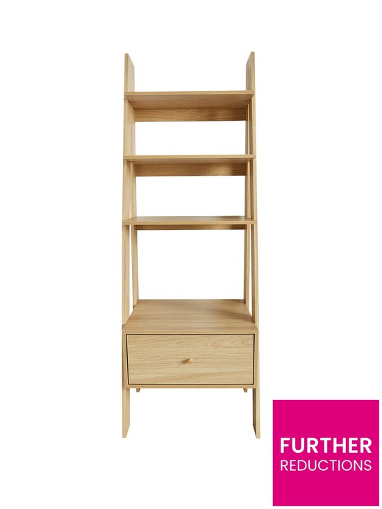 front image of monty-ladder-shelf-with-drawer-oak-effect