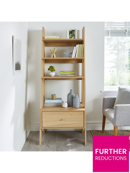 stillFront image of monty-ladder-shelf-with-drawer-oak-effect