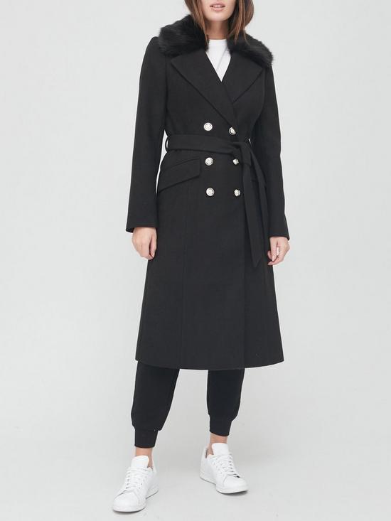 front image of v-by-very-long-military-coat-with-faux-fur-collar-black